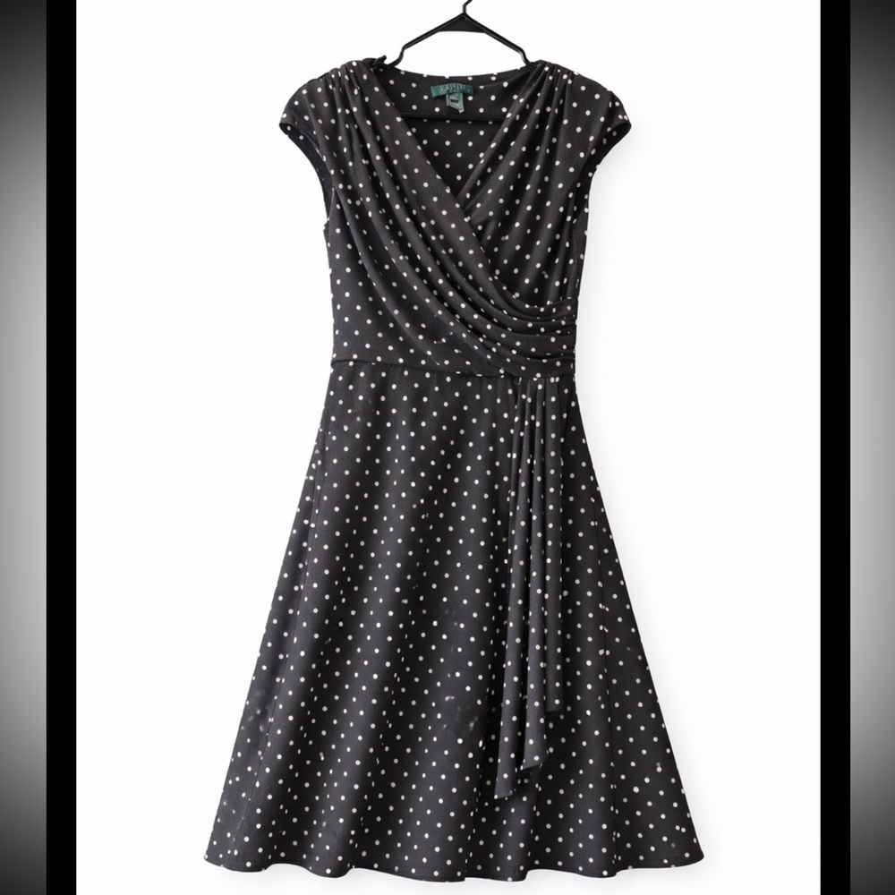 Lauren Ralph Lauren Polka Dot Wrap Dress Size 10 Parisian Chic Work Office Midi